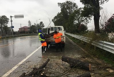 汨罗公路养护人员冒雨清障保平安